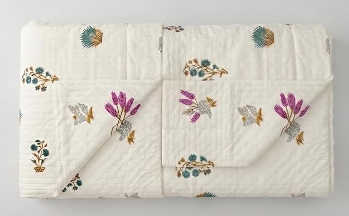 AC Dohar Bedsheet Set – King Size Cotton AC Dohar/Comforter with 2 Pillow | Ivory Floral & Bird Embroidery, Lightweight All-Season Blanket