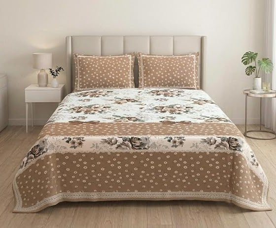 Floral Garden Double Bedsheet with 2 Pillow Covers, Light Brown & White, 100% Cotton, King Size 108x108 Inches, 3-Piece Set