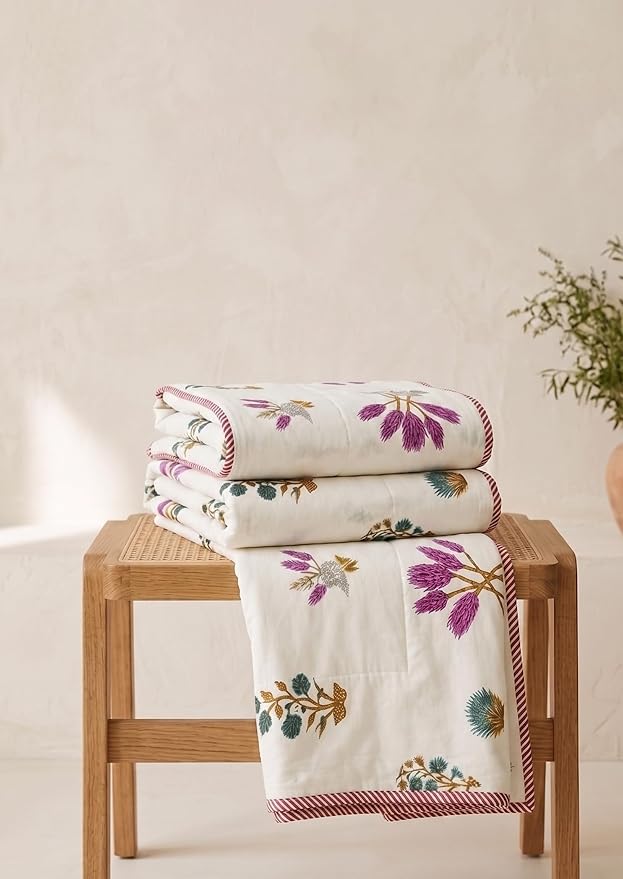 AC Dohar Bedsheet Set – King Size Cotton AC Dohar/Comforter with 2 Pillow | Ivory Floral & Bird Embroidery, Lightweight All-Season Blanket
