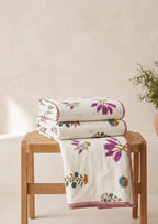 AC Dohar Bedsheet Set – King Size Cotton AC Dohar/Comforter with 2 Pillow | Ivory Floral & Bird Embroidery, Lightweight All-Season Blanket