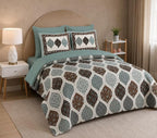 Ajrak Printed Double Bedsheet with 2 Pillow Covers – Premium Cotton Soft Fabric | Ethnic Geometric Floral Design | King Size 100x108 Inches | Teal Blue, Brown & White