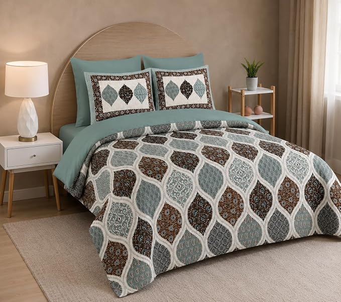Ajrak Printed Double Bedsheet with 2 Pillow Covers – Premium Cotton Soft Fabric | Ethnic Geometric Floral Design | King Size 100x108 Inches | Teal Blue, Brown & White