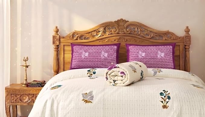 AC Dohar Bedsheet Set – King Size Cotton AC Dohar/Comforter with 2 Pillow | Ivory Floral & Bird Embroidery, Lightweight All-Season Blanket