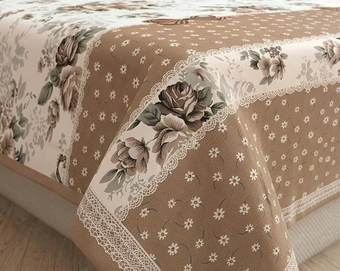 Floral Garden Double Bedsheet with 2 Pillow Covers, Light Brown & White, 100% Cotton, King Size 108x108 Inches, 3-Piece Set