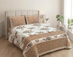 Floral Garden Double Bedsheet with 2 Pillow Covers, Light Brown & White, 100% Cotton, King Size 108x108 Inches, 3-Piece Set