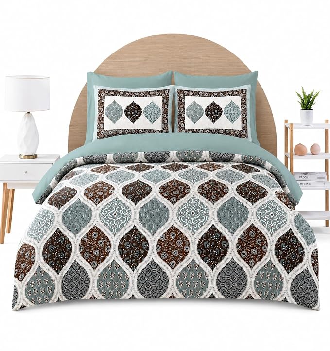Ajrak Printed Double Bedsheet with 2 Pillow Covers – Premium Cotton Soft Fabric | Ethnic Geometric Floral Design | King Size 100x108 Inches | Teal Blue, Brown & White