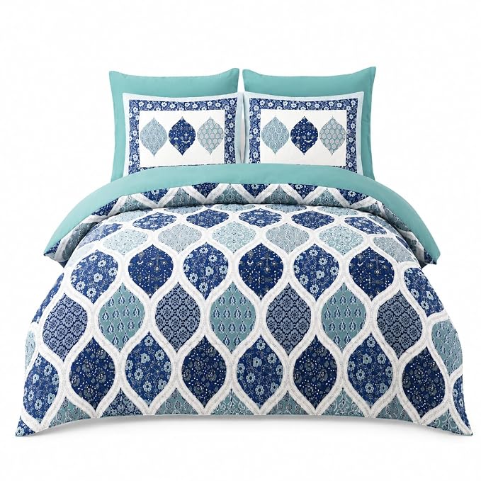 Ajrak Print Cotton Bedsheet Cotton Double Bedsheet with 2 Pillow Covers | Indigo Blue Moroccan Ogee Design | King Size