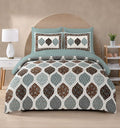 Ajrak Printed Double Bedsheet with 2 Pillow Covers – Premium Cotton Soft Fabric | Ethnic Geometric Floral Design | King Size 100x108 Inches | Teal Blue, Brown & White