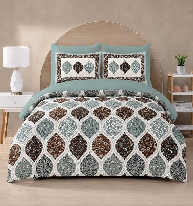 Ajrak Printed Double Bedsheet with 2 Pillow Covers – Premium Cotton Soft Fabric | Ethnic Geometric Floral Design | King Size 100x108 Inches | Teal Blue, Brown & White