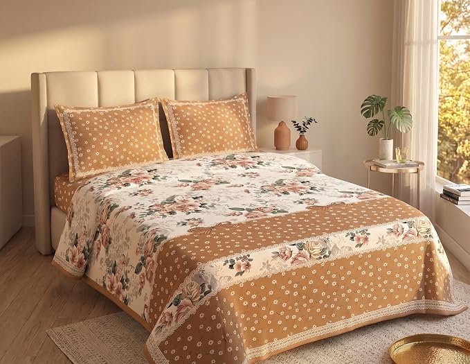 Floral Garden Double Bedsheet with 2 Pillow Covers, Light Brown & White, 100% Cotton, King Size 108x108 Inches, 3-Piece Set