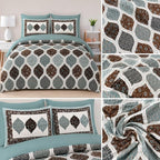 Ajrak Printed Double Bedsheet with 2 Pillow Covers – Premium Cotton Soft Fabric | Ethnic Geometric Floral Design | King Size 100x108 Inches | Teal Blue, Brown & White