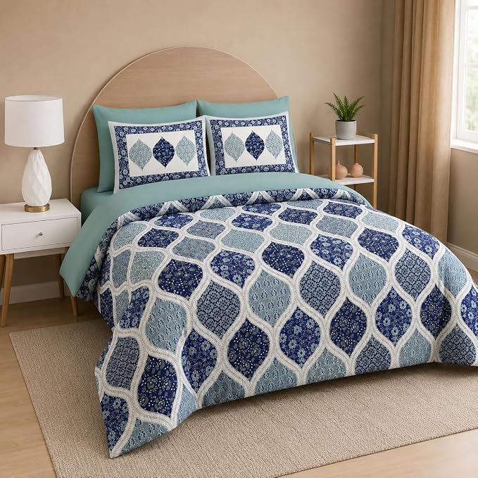 Ajrak Print Cotton Bedsheet Cotton Double Bedsheet with 2 Pillow Covers | Indigo Blue Moroccan Ogee Design | King Size