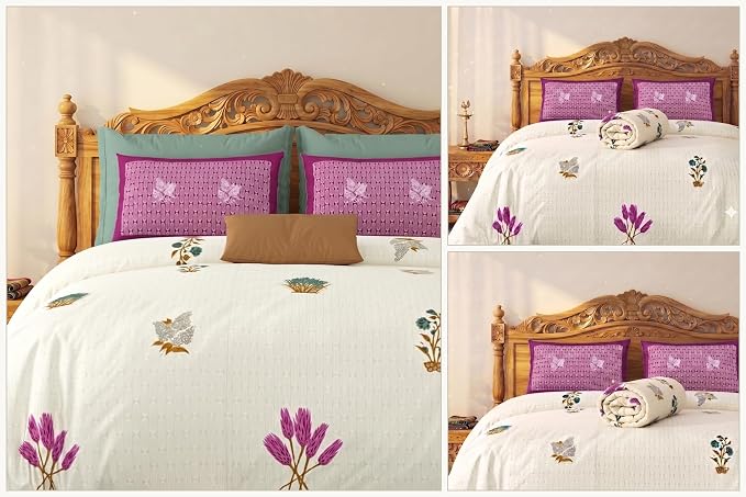 AC Dohar Bedsheet Set – King Size Cotton AC Dohar/Comforter with 2 Pillow | Ivory Floral & Bird Embroidery, Lightweight All-Season Blanket