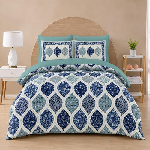 Ajrak Print Cotton Bedsheet Cotton Double Bedsheet with 2 Pillow Covers | Indigo Blue Moroccan Ogee Design | King Size