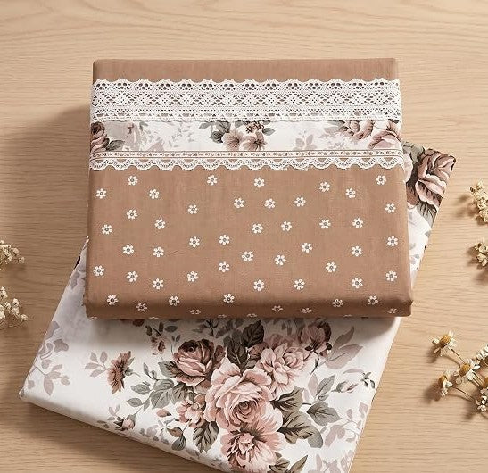 Floral Garden Double Bedsheet with 2 Pillow Covers, Light Brown & White, 100% Cotton, King Size 108x108 Inches, 3-Piece Set