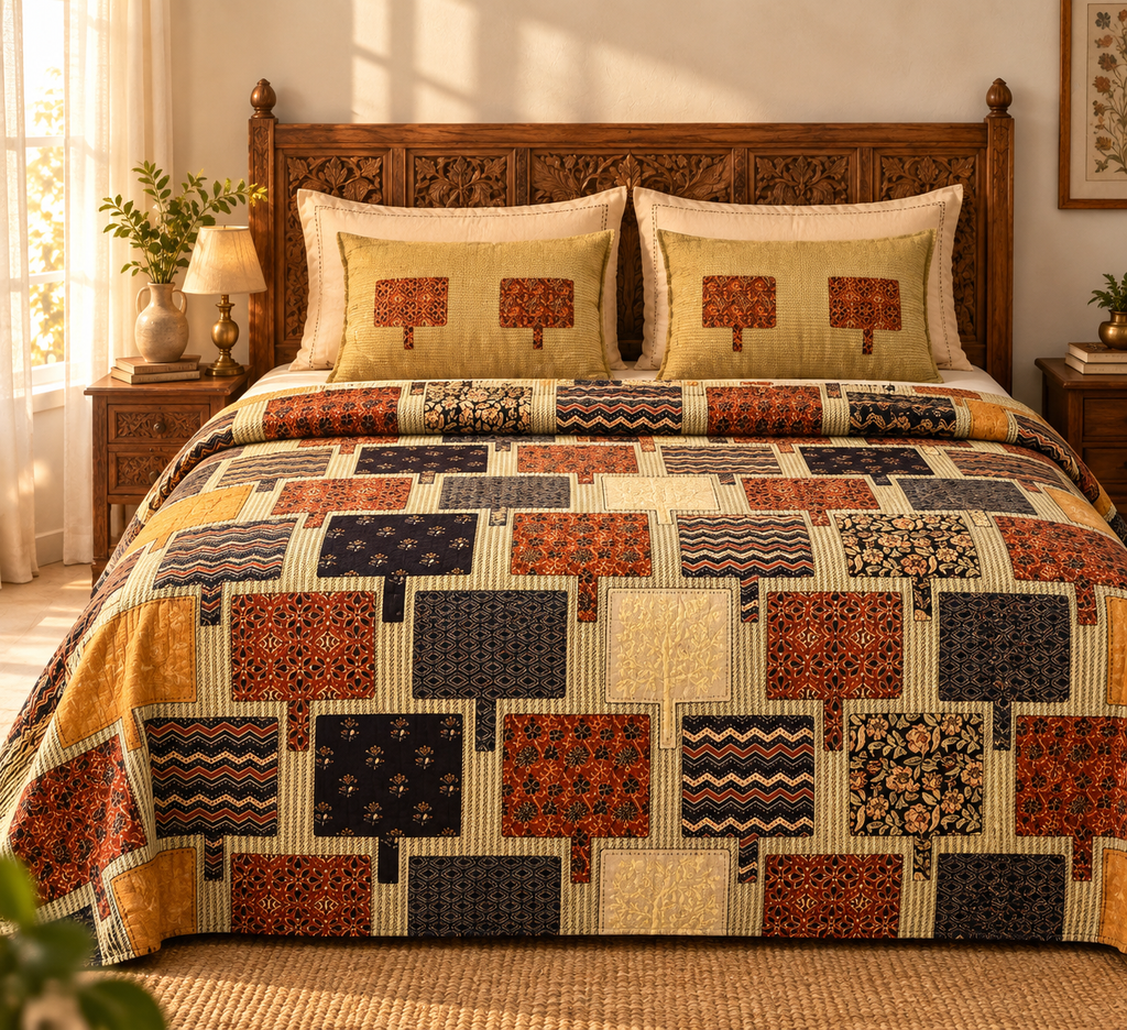 Sudhisutra Bagru Gold King Size Cotton Bedsheet (108x108") with 2 Pillow Covers | Patchwork Print | Navy Rust Gold