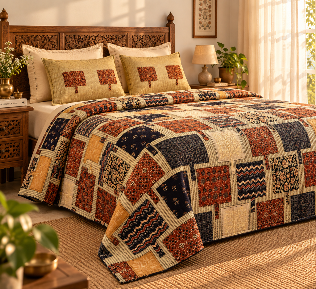 Sudhisutra Bagru Gold King Size Cotton Bedsheet (108x108") with 2 Pillow Covers | Patchwork Print | Navy Rust Gold