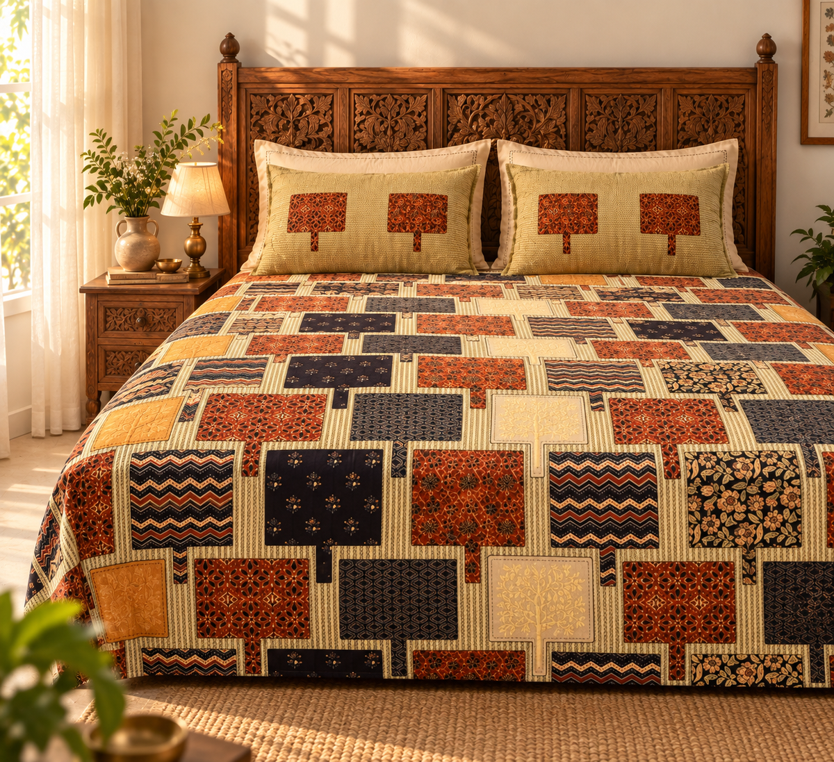 Sudhisutra Bagru Gold King Size Cotton Bedsheet (108x108") with 2 Pillow Covers | Patchwork Print | Navy Rust Gold