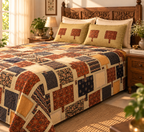 Sudhisutra Bagru Gold King Size Cotton Bedsheet (108x108") with 2 Pillow Covers | Patchwork Print | Navy Rust Gold