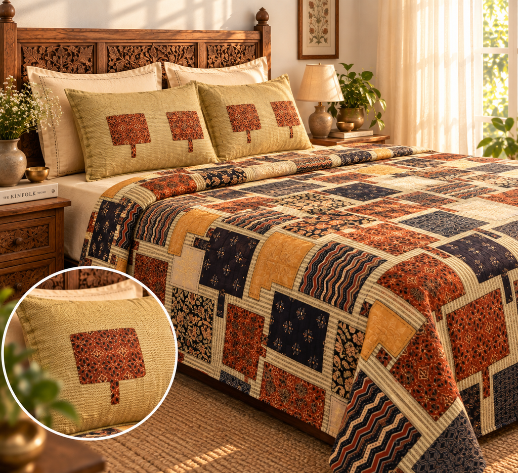 Sudhisutra Bagru Gold King Size Cotton Bedsheet (108x108") with 2 Pillow Covers | Patchwork Print | Navy Rust Gold