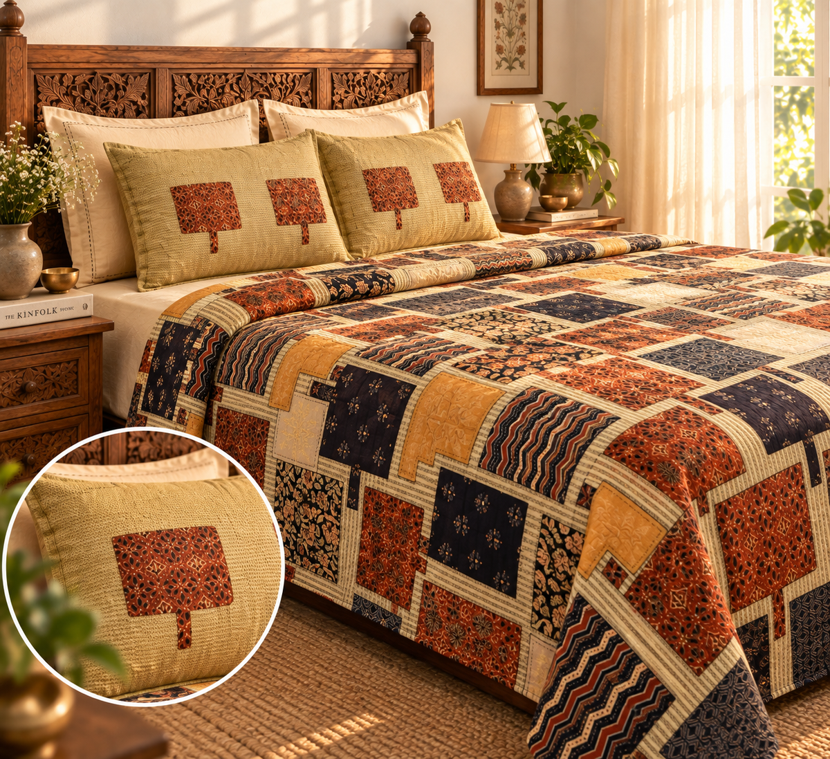 Sudhisutra Bagru Gold King Size Cotton Bedsheet (108x108") with 2 Pillow Covers | Patchwork Print | Navy Rust Gold