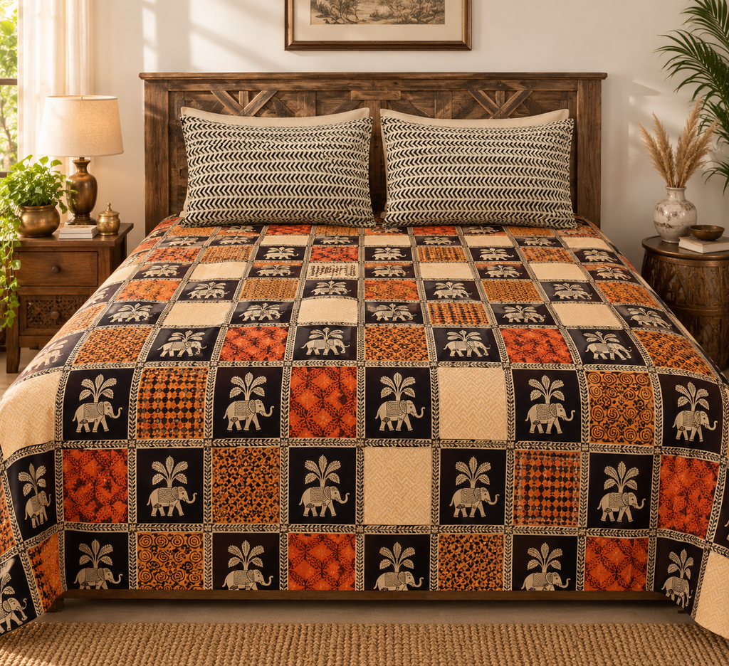 Sudhisutra Bagru Gold King Size Cotton Bedsheet (108x108") with 2 Pillow Covers | Elephant Print | Black Rust Cream