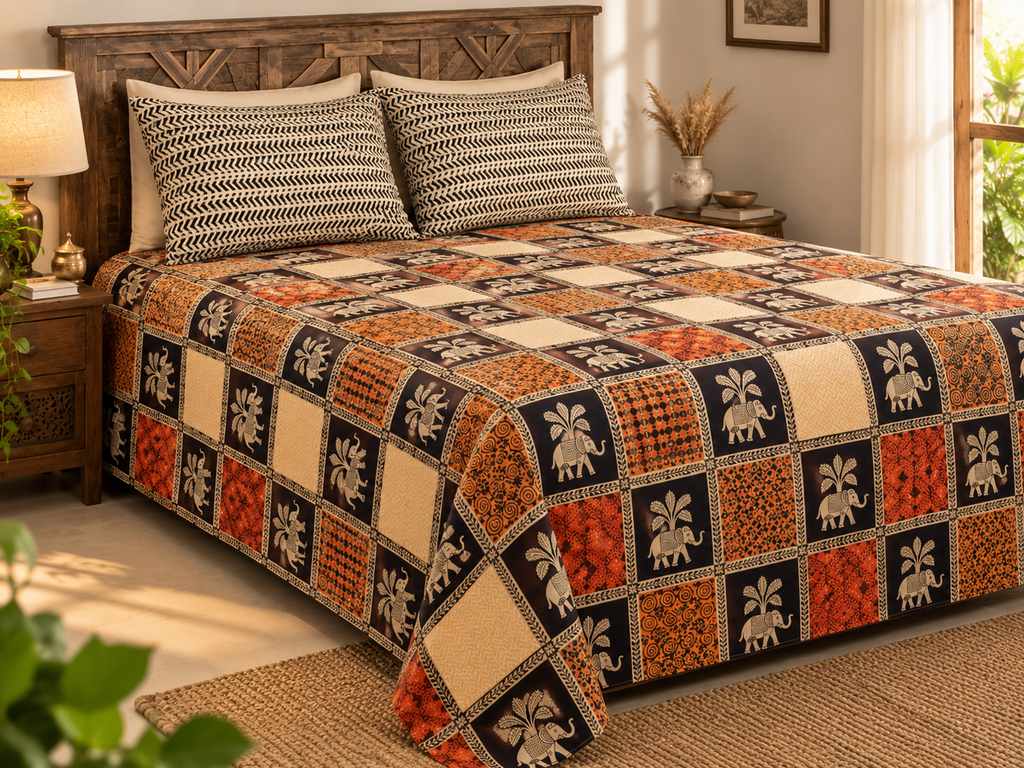 Sudhisutra Bagru Gold King Size Cotton Bedsheet (108x108") with 2 Pillow Covers | Elephant Print | Black Rust Cream