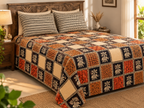 Sudhisutra Bagru Gold King Size Cotton Bedsheet (108x108") with 2 Pillow Covers | Elephant Print | Black Rust Cream