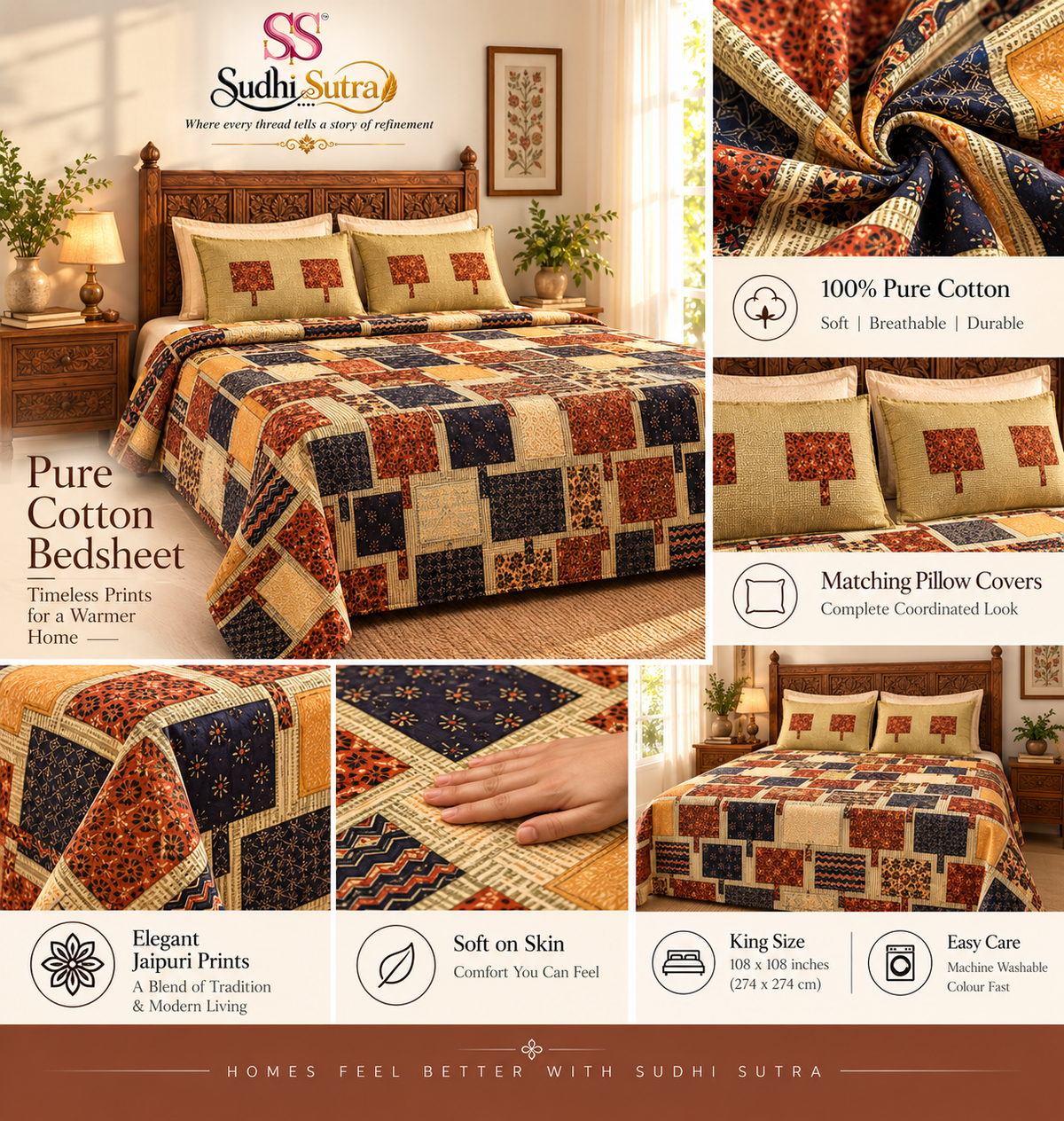 Sudhisutra Bagru Gold King Size Cotton Bedsheet (108x108") with 2 Pillow Covers | Patchwork Print | Navy Rust Gold
