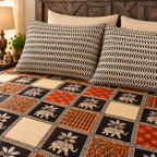 Sudhisutra Bagru Gold King Size Cotton Bedsheet (108x108") with 2 Pillow Covers | Elephant Print | Black Rust Cream
