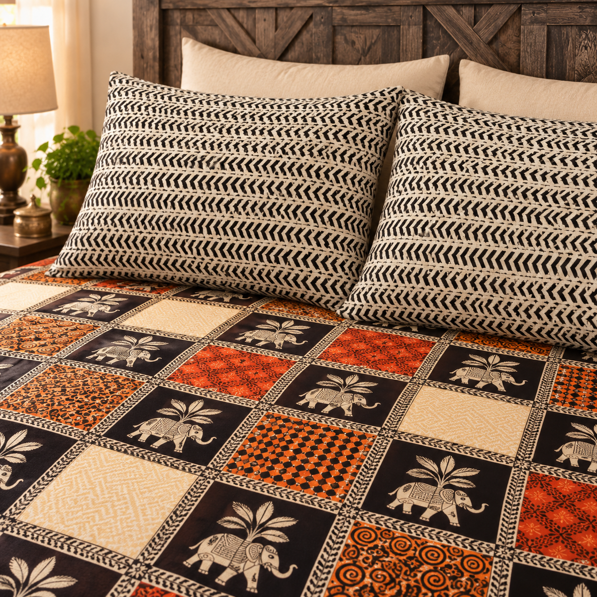 Sudhisutra Bagru Gold King Size Cotton Bedsheet (108x108") with 2 Pillow Covers | Elephant Print | Black Rust Cream