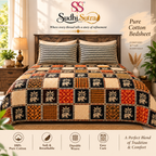 Sudhisutra Bagru Gold King Size Cotton Bedsheet (108x108") with 2 Pillow Covers | Elephant Print | Black Rust Cream