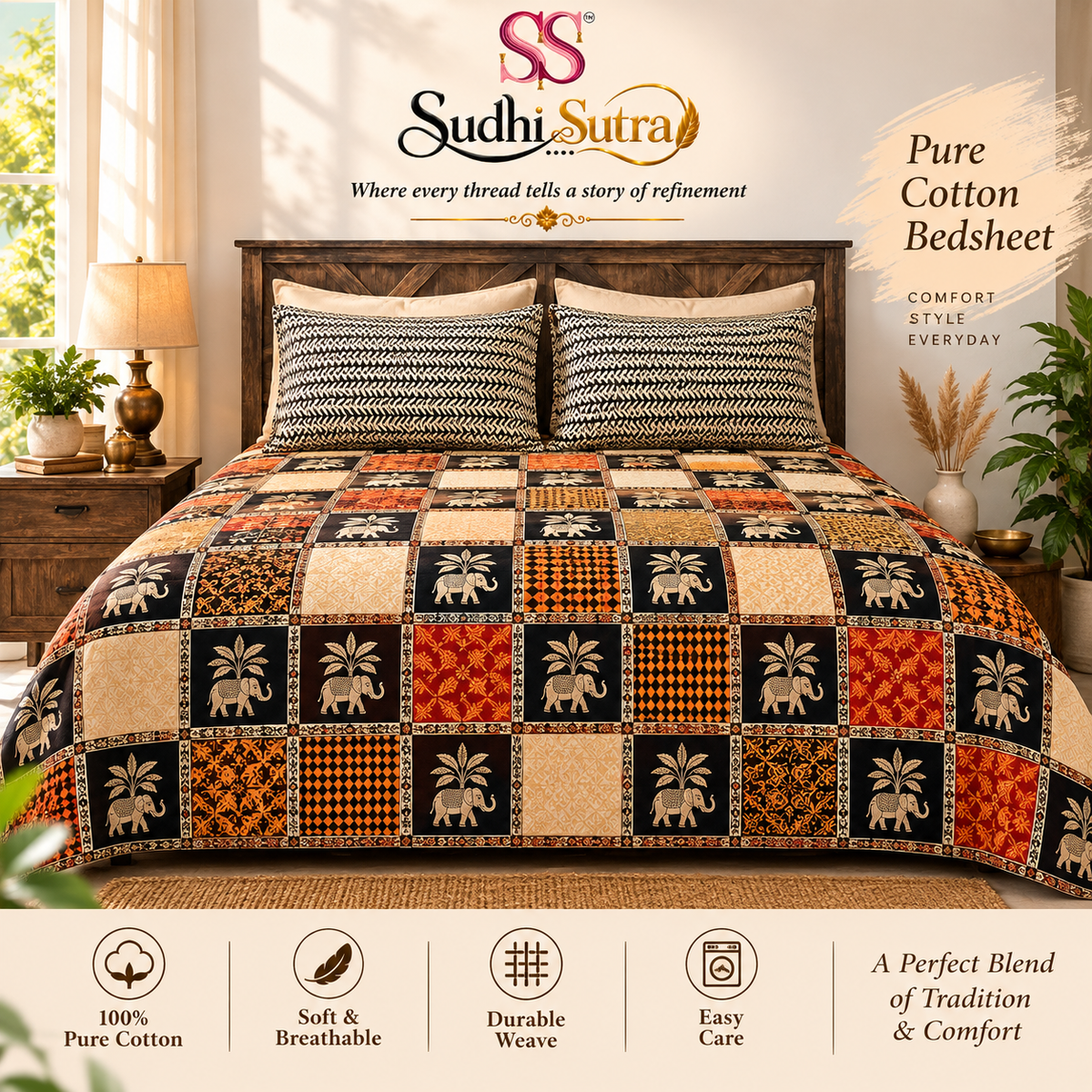 Sudhisutra Bagru Gold King Size Cotton Bedsheet (108x108") with 2 Pillow Covers | Elephant Print | Black Rust Cream
