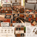 Sudhisutra Bagru Gold King Size Cotton Bedsheet (108x108") with 2 Pillow Covers | Elephant Print | Black Rust Cream