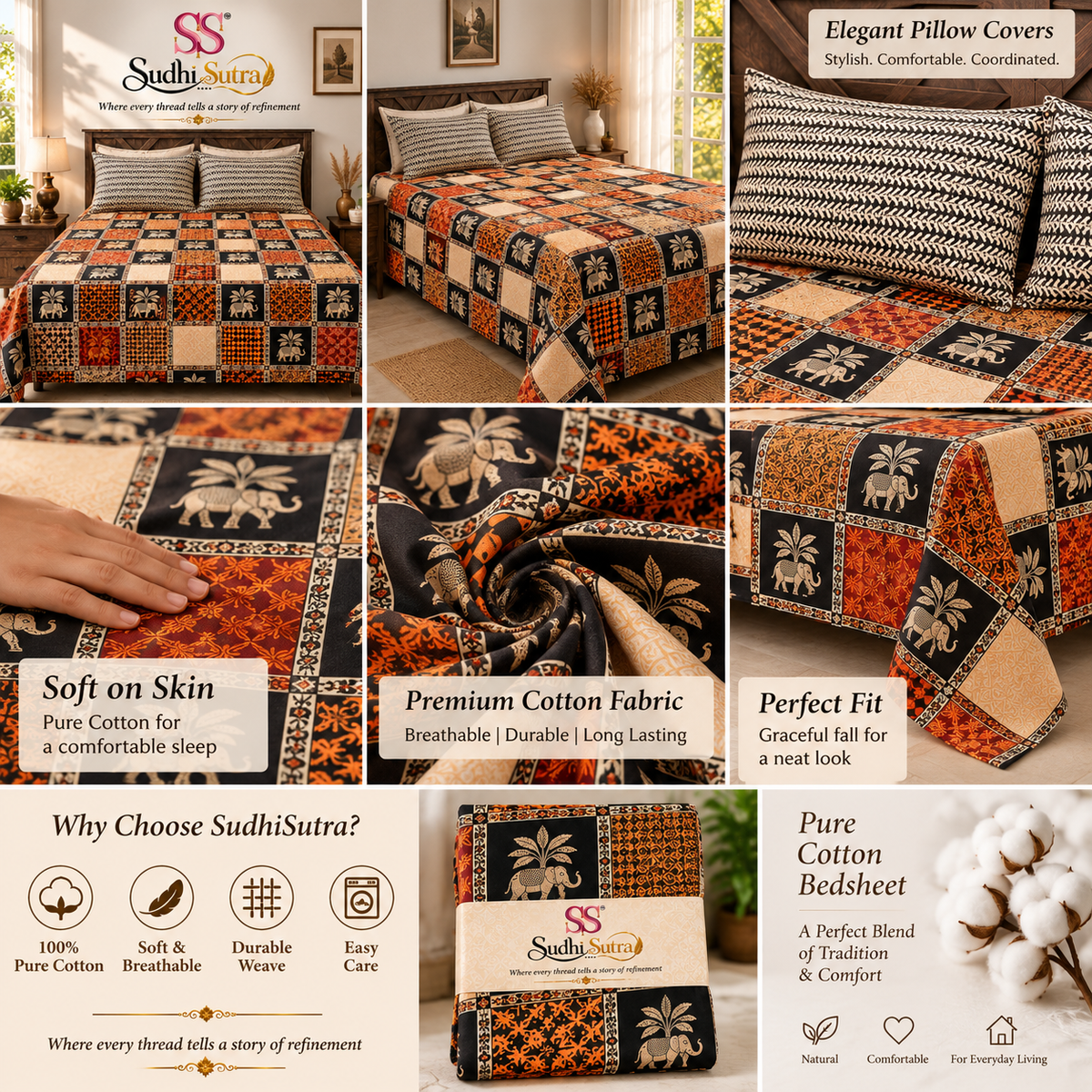 Sudhisutra Bagru Gold King Size Cotton Bedsheet (108x108") with 2 Pillow Covers | Elephant Print | Black Rust Cream
