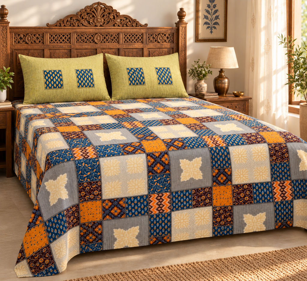 Sudhisutra Bagru Gold King Size Cotton Bedsheet (108x108") with 2 Pillow Covers | Mosaic Patchwork | Orange Blue Grey