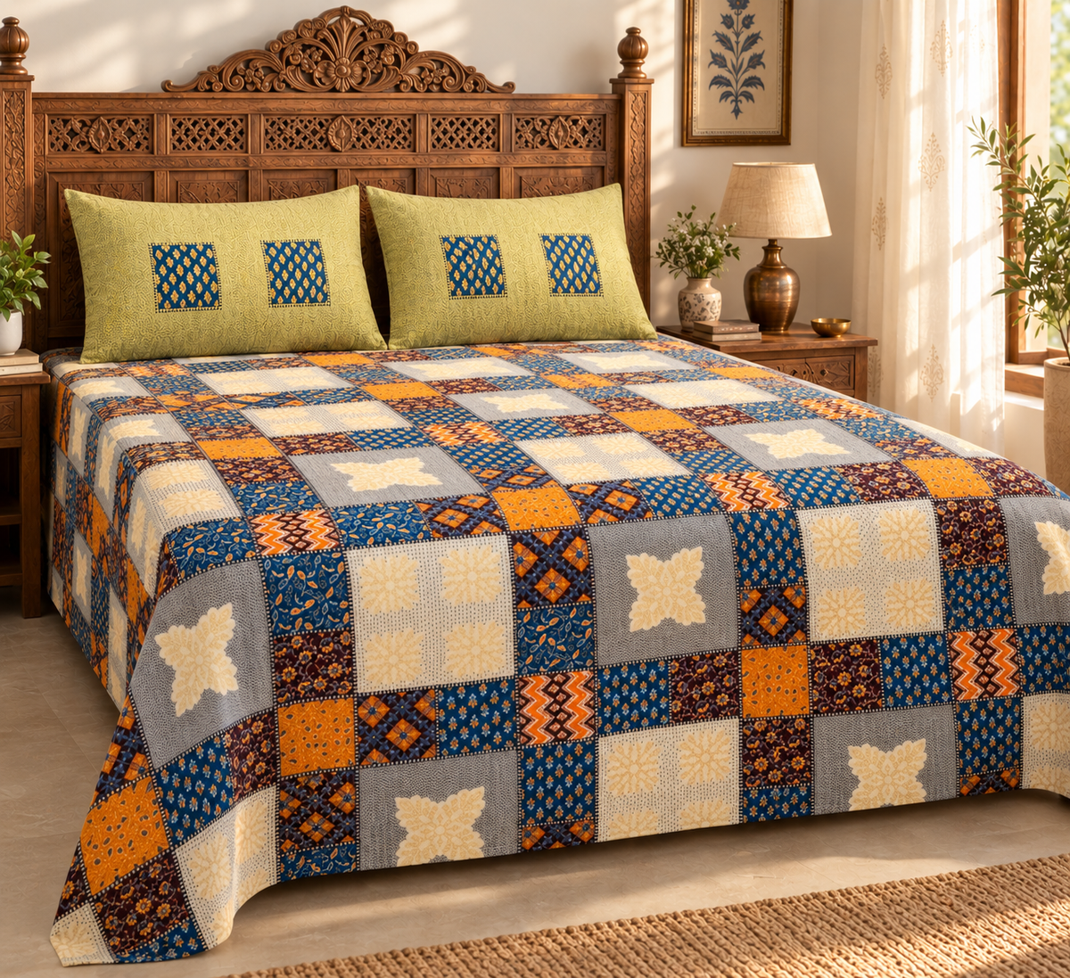Sudhisutra Bagru Gold King Size Cotton Bedsheet (108x108") with 2 Pillow Covers | Mosaic Patchwork | Orange Blue Grey