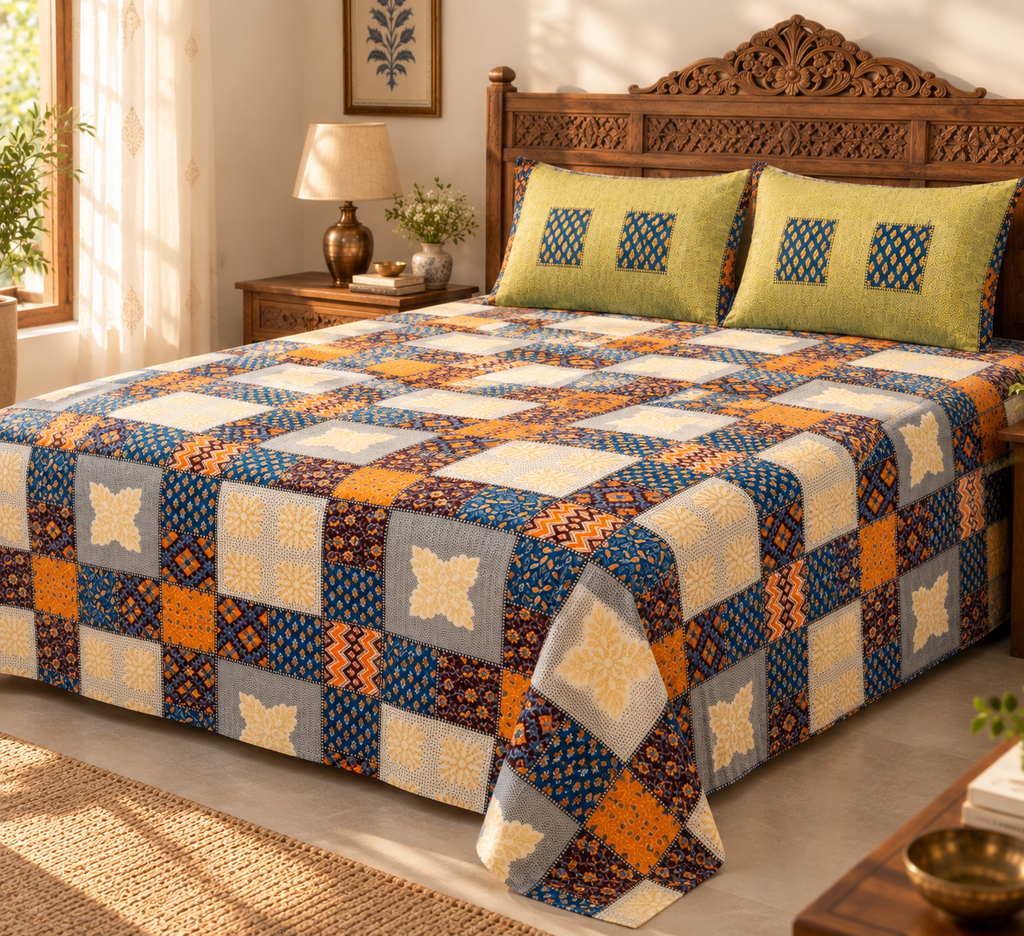 Sudhisutra Bagru Gold King Size Cotton Bedsheet (108x108") with 2 Pillow Covers | Mosaic Patchwork | Orange Blue Grey
