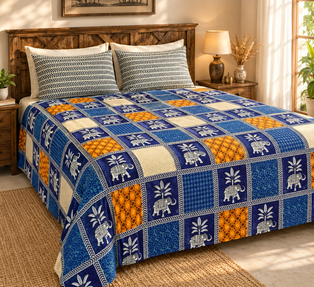 Sudhisutra Bagru Gold King Size Cotton Bedsheet (108x108") with 2 Pillow Covers | Elephant Print | Blue Orange