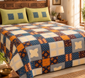 Sudhisutra Bagru Gold King Size Cotton Bedsheet (108x108") with 2 Pillow Covers | Mosaic Patchwork | Orange Blue Grey