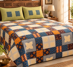 Sudhisutra Bagru Gold King Size Cotton Bedsheet (108x108") with 2 Pillow Covers | Mosaic Patchwork | Orange Blue Grey
