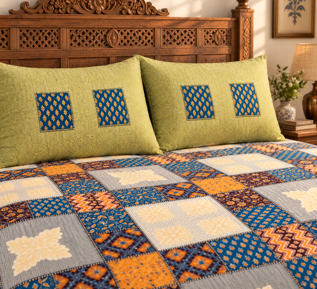 Sudhisutra Bagru Gold King Size Cotton Bedsheet (108x108") with 2 Pillow Covers | Mosaic Patchwork | Orange Blue Grey