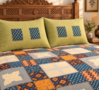 Sudhisutra Bagru Gold King Size Cotton Bedsheet (108x108") with 2 Pillow Covers | Mosaic Patchwork | Orange Blue Grey