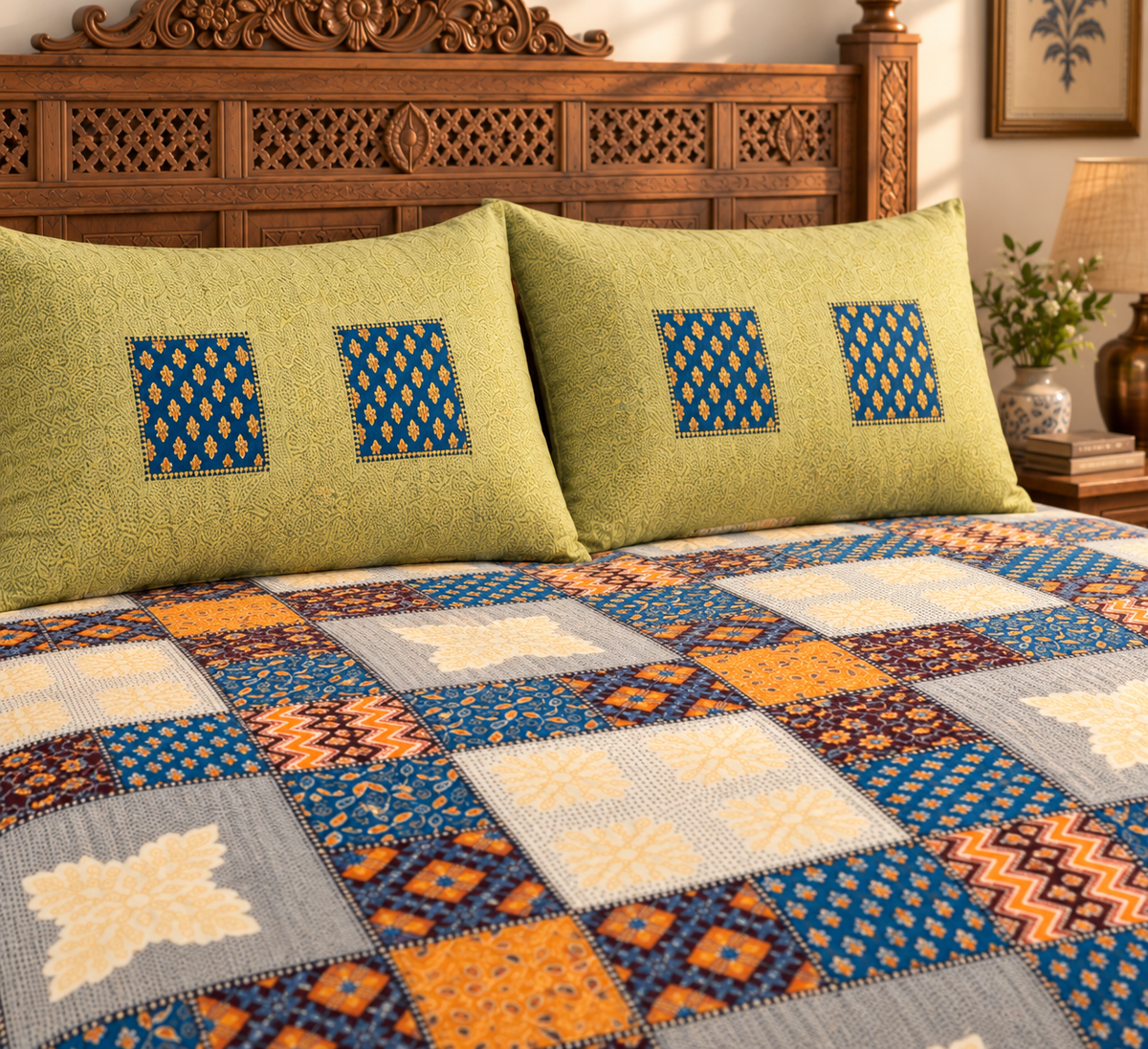 Sudhisutra Bagru Gold King Size Cotton Bedsheet (108x108") with 2 Pillow Covers | Mosaic Patchwork | Orange Blue Grey