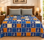 Sudhisutra Bagru Gold King Size Cotton Bedsheet (108x108") with 2 Pillow Covers | Elephant Print | Blue Orange