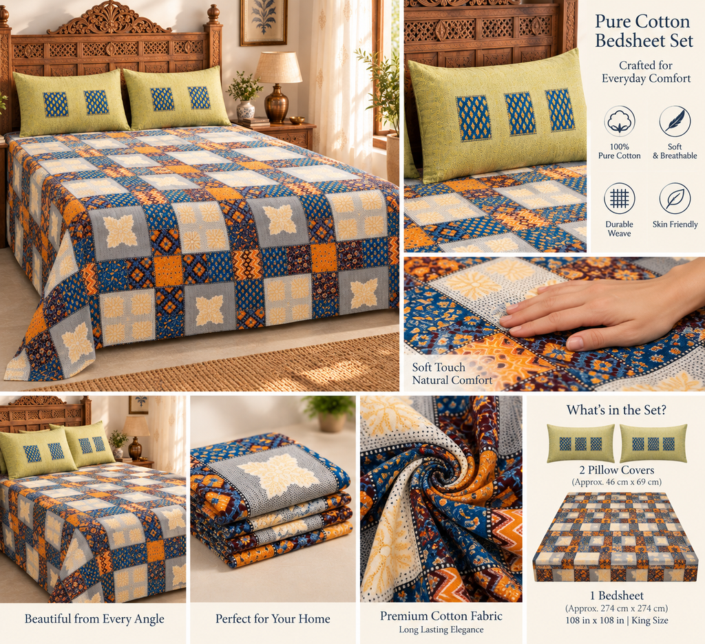 Sudhisutra Bagru Gold King Size Cotton Bedsheet (108x108") with 2 Pillow Covers | Mosaic Patchwork | Orange Blue Grey