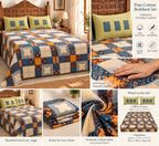 Sudhisutra Bagru Gold King Size Cotton Bedsheet (108x108") with 2 Pillow Covers | Mosaic Patchwork | Orange Blue Grey
