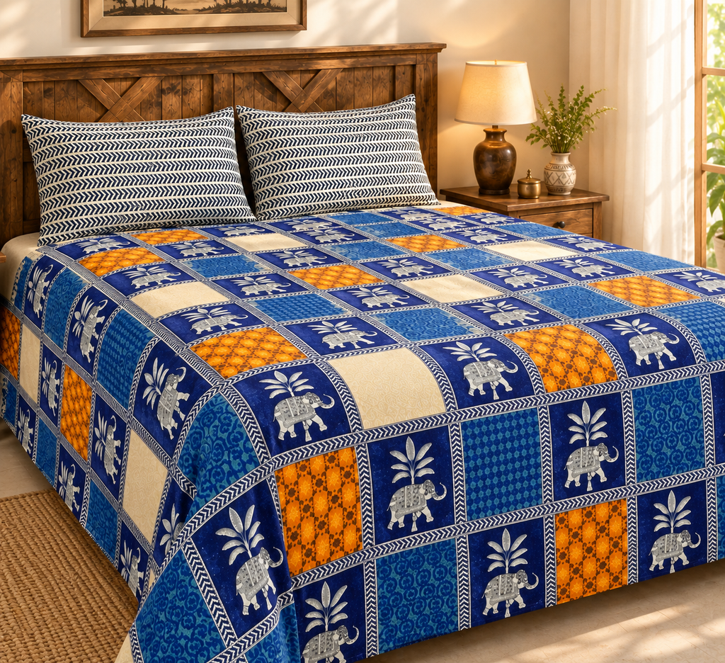 Sudhisutra Bagru Gold King Size Cotton Bedsheet (108x108") with 2 Pillow Covers | Elephant Print | Blue Orange