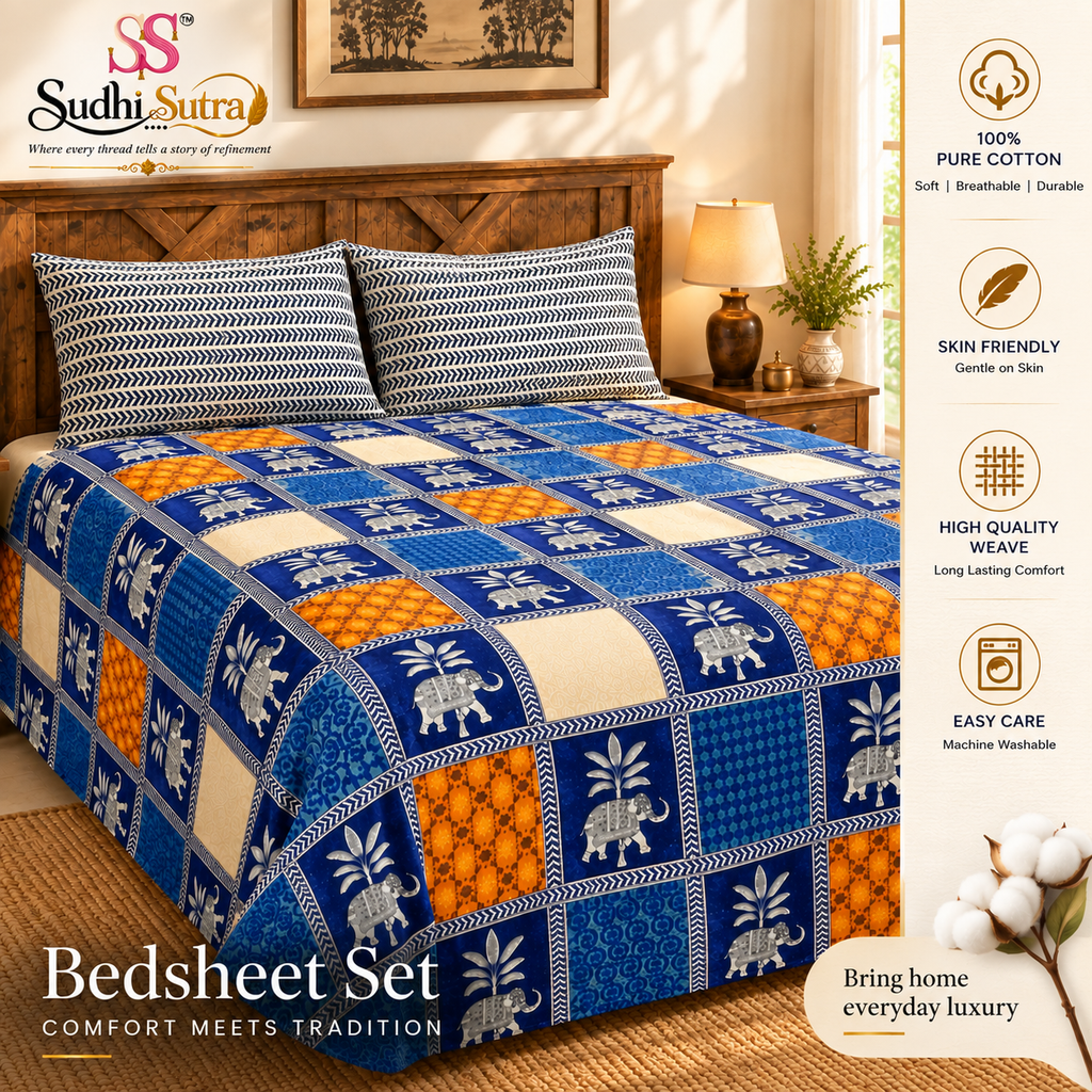 Sudhisutra Bagru Gold King Size Cotton Bedsheet (108x108") with 2 Pillow Covers | Elephant Print | Blue Orange