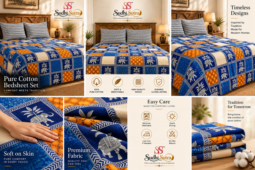 Sudhisutra Bagru Gold King Size Cotton Bedsheet (108x108") with 2 Pillow Covers | Elephant Print | Blue Orange